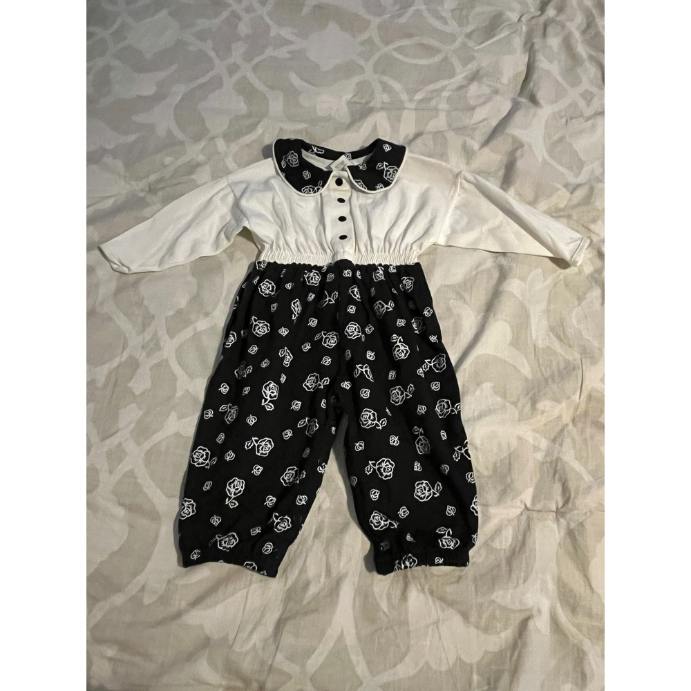 Vintage baby Dior one piece rose floral black and white outfit 12 months